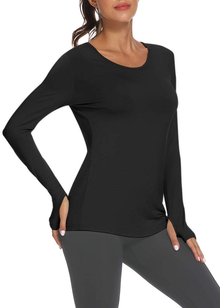 Mippo Womens Workout Athletic Yoga Long Sleeve Shirts Gym Pilates Clothes Soft Long Tunic Tops with Thumb Holes Black L - Image 3
